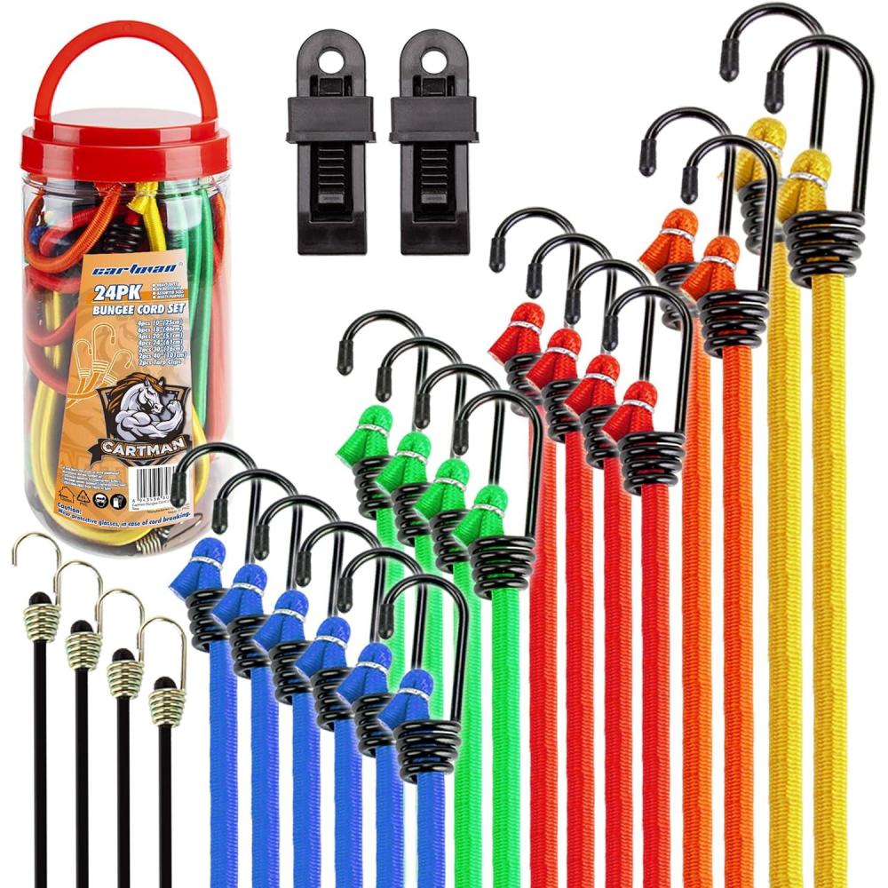 imageCARTMAN 30pcs Heavy Duty Bungee Cords with Hooks  Assortment in Jar Including Tarp Clips Canopy Ties ampamp Ball Bungees for Secure Outdoor and Indoor Use24PCS
