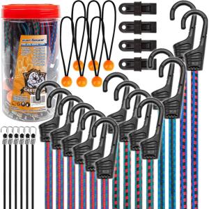 imageCARTMAN 30pcs Heavy Duty Bungee Cords with Hooks  Assortment in Jar Including Tarp Clips Canopy Ties ampamp Ball Bungees for Secure Outdoor and Indoor Use30PCS
