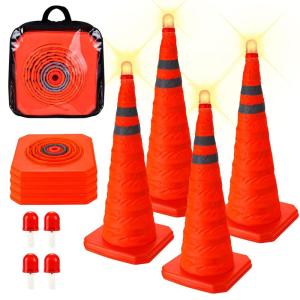 imageCARTMAN 4 Pack 28 Inch Collapsible Traffic Cones with LED Light Multi Purpose Pop up Reflective Safety Cones Pack of 4 Battery Included