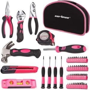 imageCARTMAN 52 Piece Tool Set Hand Tool Set with Easy Carrying Round Pouch  Perfect for DIY Pink