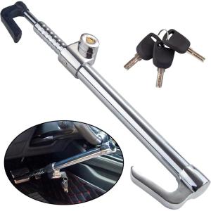 imageCARTMAN Steering Wheel Lock Bar Heavy Duty Anti Theft Security Brake Pedal Lock with Adjustable Length 3 Keys Included Silver