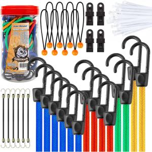 imageCartman 32 Piece Bungee Cords Assortment Jar Includes 10quot 18quot 24quot 32quot 40quot Bungee Cord with Hooks 8quot Canopy Tarp Ball Ties and Tarp Clips32PC