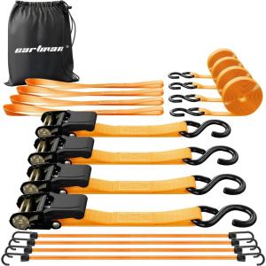 imageCartman Ratchet Tie Down Straps 4PK 2000lb Max Break Strength with Premium 1quot x 15 Rachet Tie Downs with Padded Handles 4PK 1quot x 18quot Soft Loop for Moving Securing Cargo4PK Orange