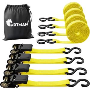 imageCartman Ratchet Tie Down Straps 4PK 2000lb Max Break Strength with Premium 1quot x 15 Rachet Tie Downs with Padded Handles 4PK 1quot x 18quot Soft Loop for Moving Securing Cargo4PC