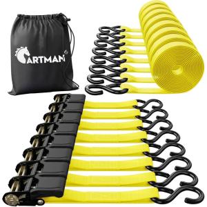 imageCartman Ratchet Tie Down Straps 4PK 2000lb Max Break Strength with Premium 1quot x 15 Rachet Tie Downs with Padded Handles 4PK 1quot x 18quot Soft Loop for Moving Securing Cargo8PK Yellow