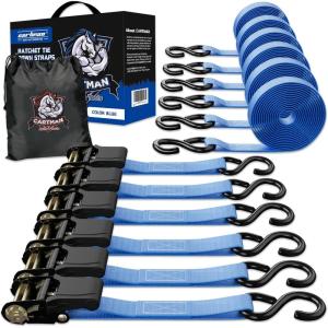 imageCartman Ratchet Tie Down Straps 4PK 2000lb Max Break Strength with Premium 1quot x 15 Rachet Tie Downs with Padded Handles 4PK 1quot x 18quot Soft Loop for Moving Securing Cargo6PK Blue