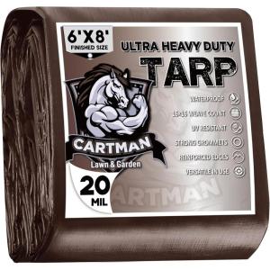 imageCARTMAN Finished Size 8x10 Feet Extra Thick 20 Mil Brown Ultra Heavy Duty Poly Tarp Multipurpose Protective Cover UV Resistant Waterproof Poly Tarpaulin with Reinforced EdgesBrownBrown 20mil