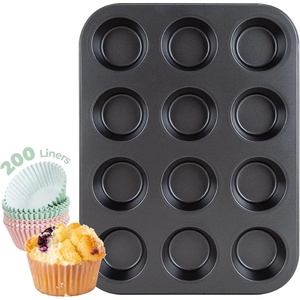 image:imageCARTMAN 2 Pack Muffin Pans with 200 Cupcake Liners Nonstick 12Cup Muffin Tins Carbon Steel Cupcake Pans for Baking Muffins Egg Bites Brownies amp More1 x 12Cup  200 Liners